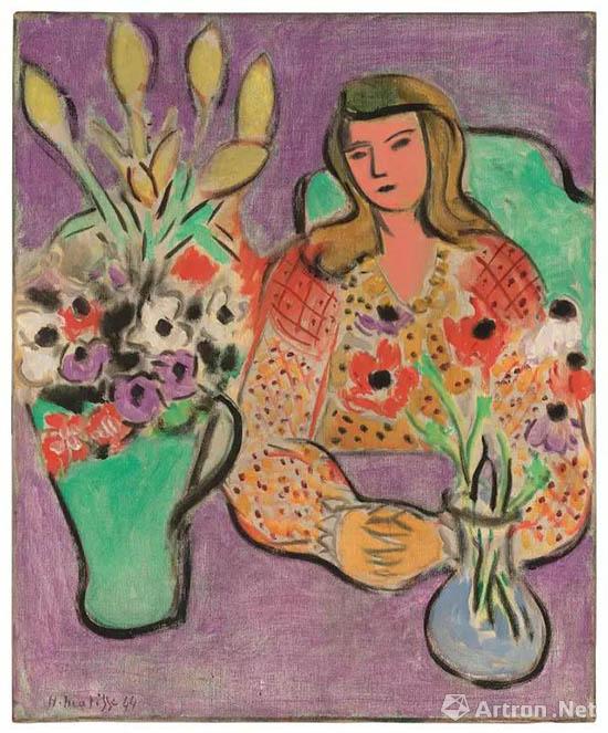 亨利?马蒂斯(1869 - 1954) 《紫色背景前的女孩与海葵》 油彩画布.jpg